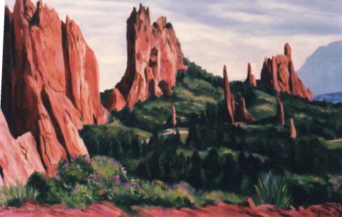 This oil painting depicts rock formations in the Garden of the Gods